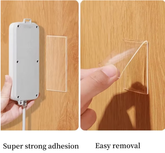 Transparent adhesive strip being applied to a wooden surface with text 'Super strong adhesion' and 'Easy removal'.