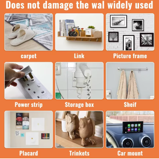 Product usage examples on various surfaces with text 'Does not damage the wall widely used'.