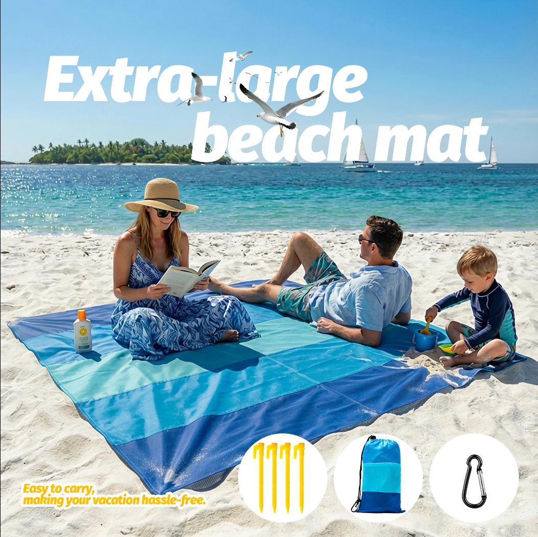 Sandproof Waterproof Beach Blanket with Ground Stakes (55" x 79")