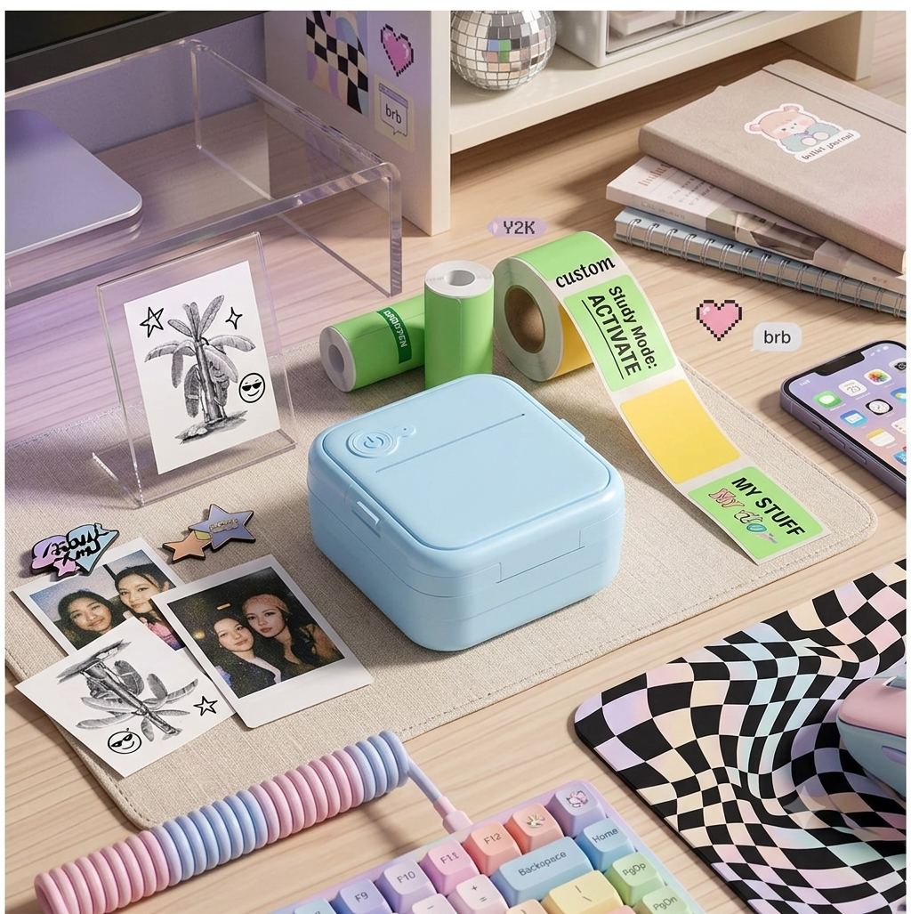 Inkless Portable Mini Thermal Sticker Printer 4-Roll Bundle