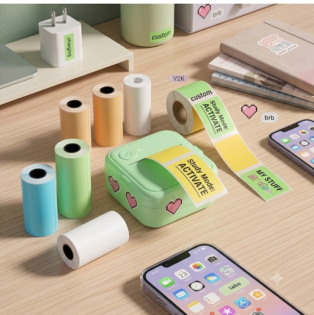 Inkless Portable Mini Thermal Sticker Printer 4-Roll Bundle