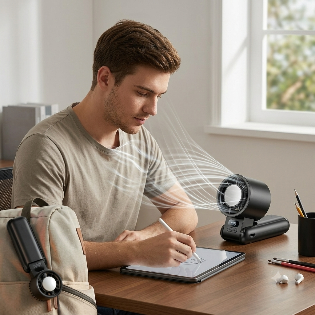 A man sits at a wooden desk writing on a tablet, with a small black personal fan shown beside him and airflow lines indicating cooling. The fan is also pictured attached to a beige backpack.