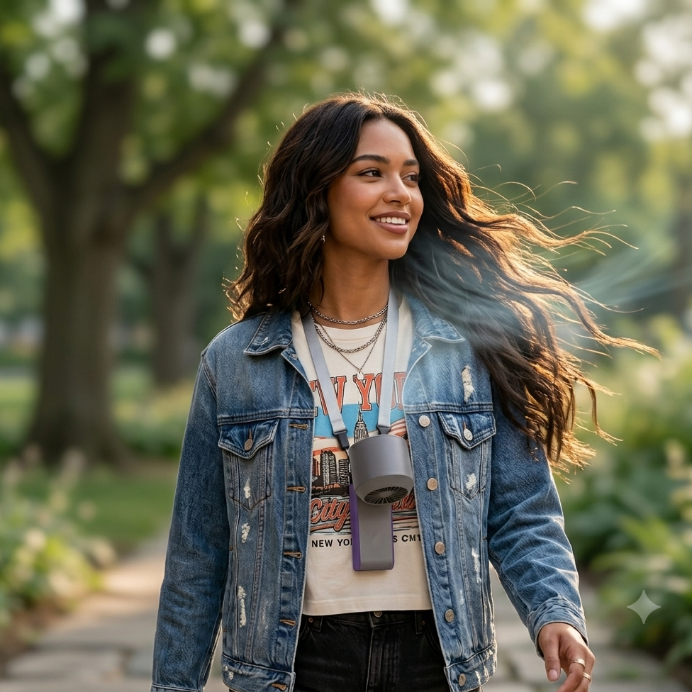 A woman walking outdoors in a park wearing a distressed blue denim jacket over a graphic t-shirt, with a gray and purple portable water bottle hanging from the collar.