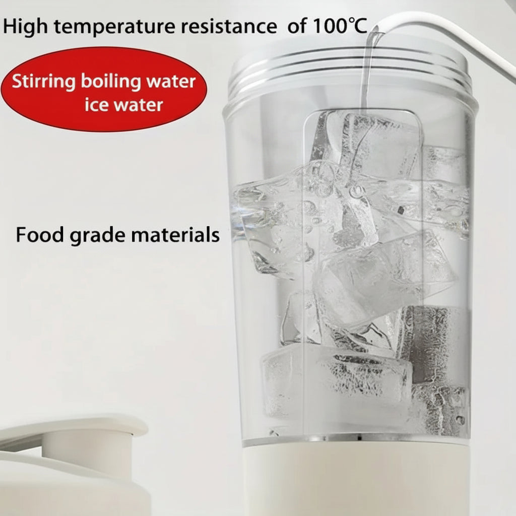 Small blender with ice cubes being stirred, text indicating high temperature resistance and food grade materials.