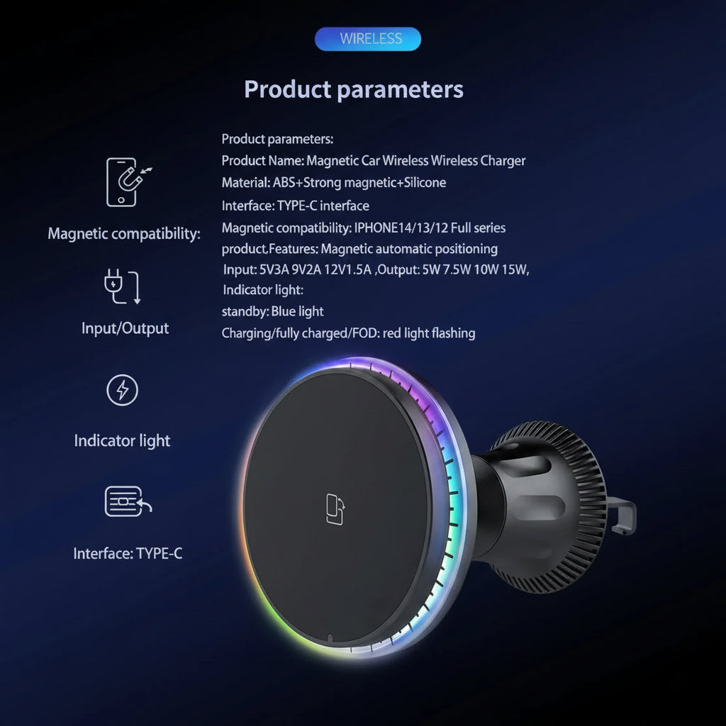 15W MagSafe Car Mount & RGB Fast Charging Station