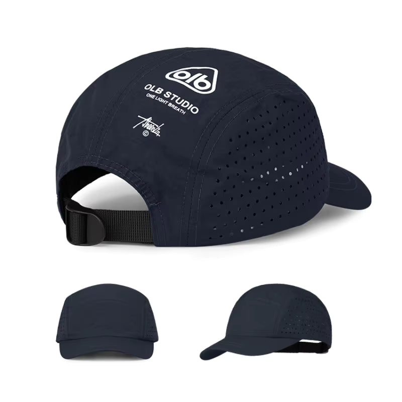 Navy blue cap with branding on a white background