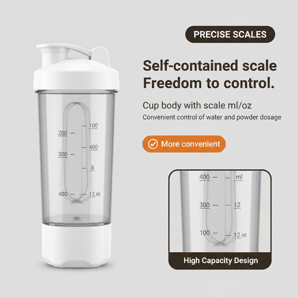 Self-contained scale with cup body and measurement details on a light background