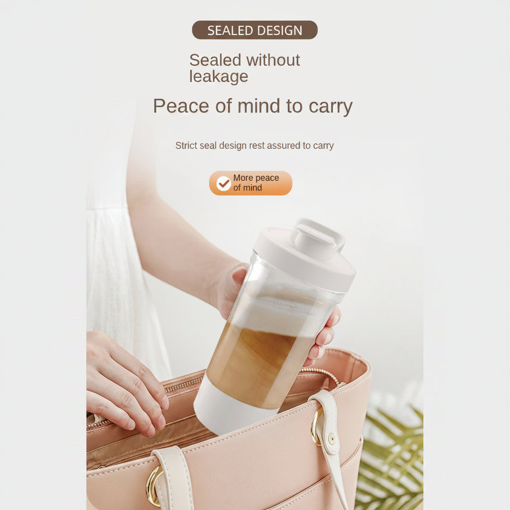 Person holding a white and wooden travel mug with text about sealed design and peace of mind.