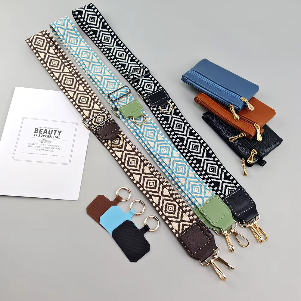 Four woven shoulder straps in brown, light blue, black, and white geometric patterns, displayed alongside matching zippered pouches in blue, brown, black, and white. A small white card reading 'BEAUTY IS BURNABLE' is visible on the left, all arranged on a light gray background.