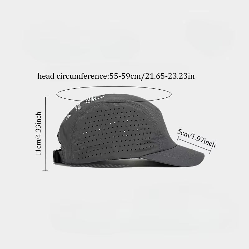 Dark gray perforated baseball cap shown on a light gray background with overlaid dimension labels for head circumference, height, and brim width.