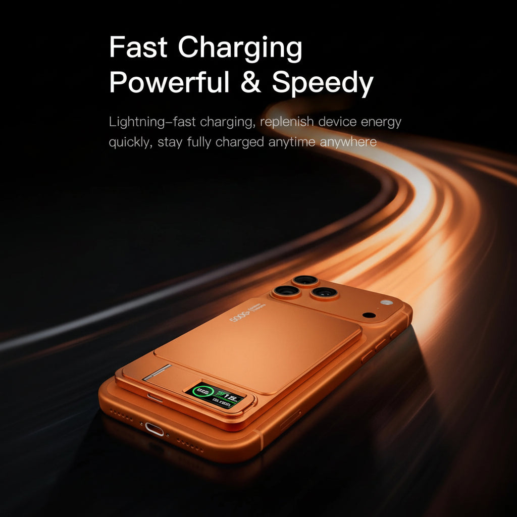 Orange phone case with charging features on a dark background