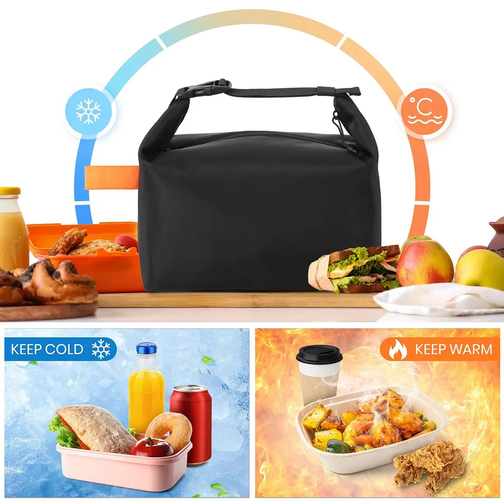 Black insulated lunch bag with food items and temperature icons on a white background