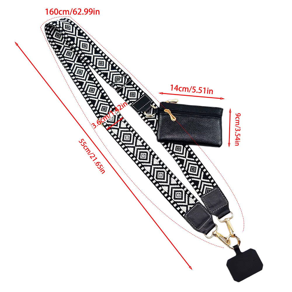 Black and white patterned strap with measurements on a white background