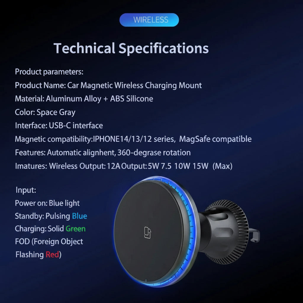 15W MagSafe Car Mount & RGB Fast Charging Station