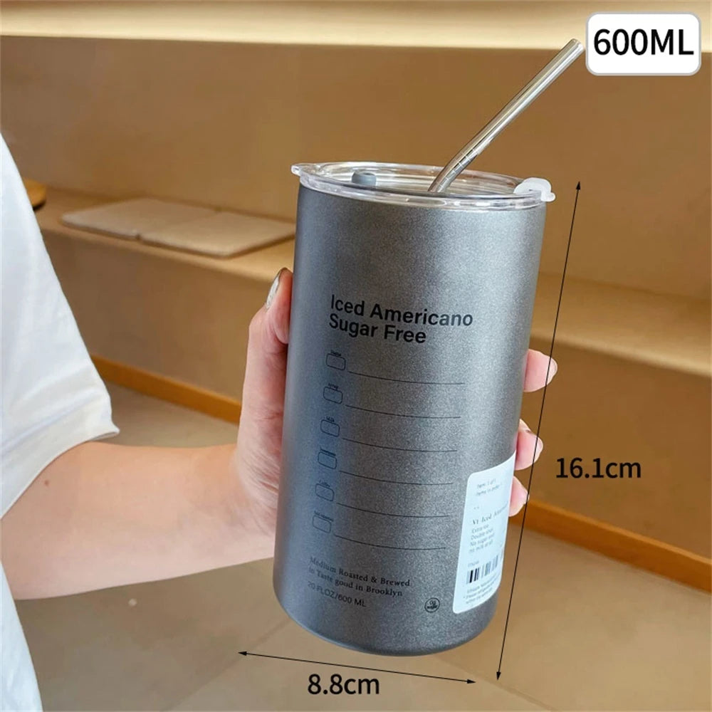 Gray tumbler with straw held by a hand, labeled '600ML' and 'Iced Americano Sugar Free'.