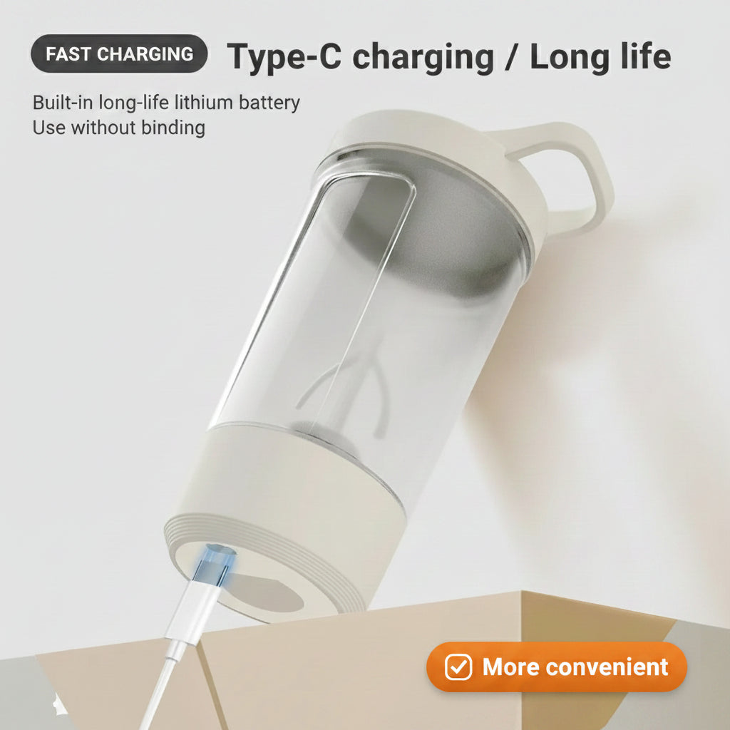 Clear water bottle with charging port on a light gray background