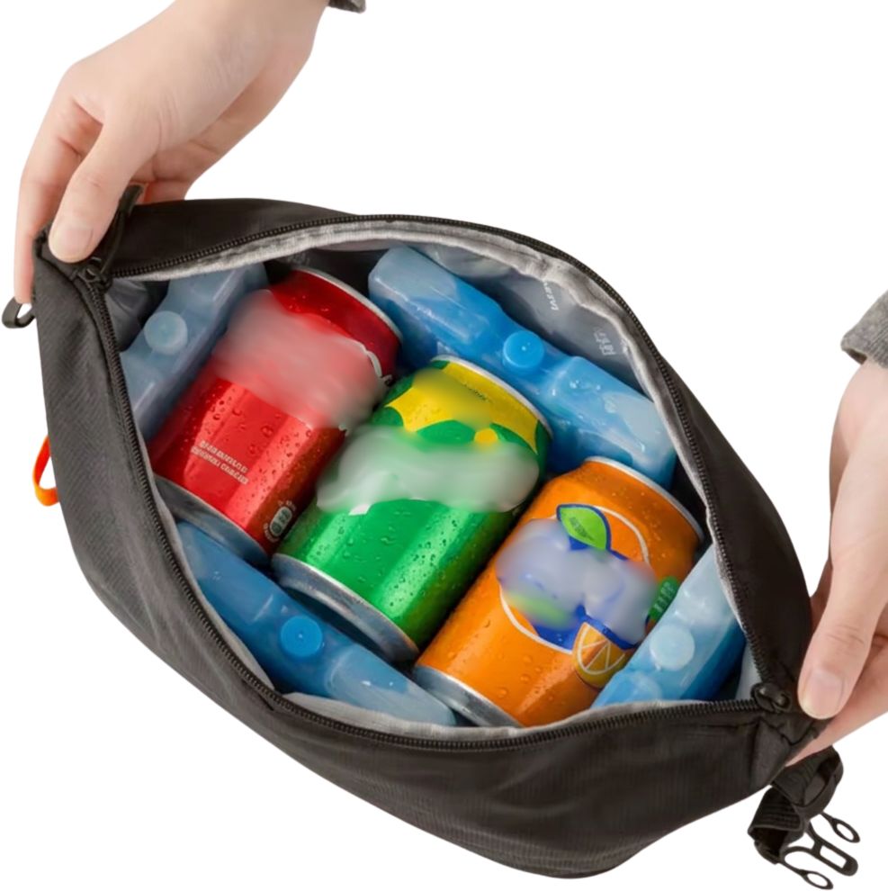 Inside the bento tote with reusable ice pad and softdrinks