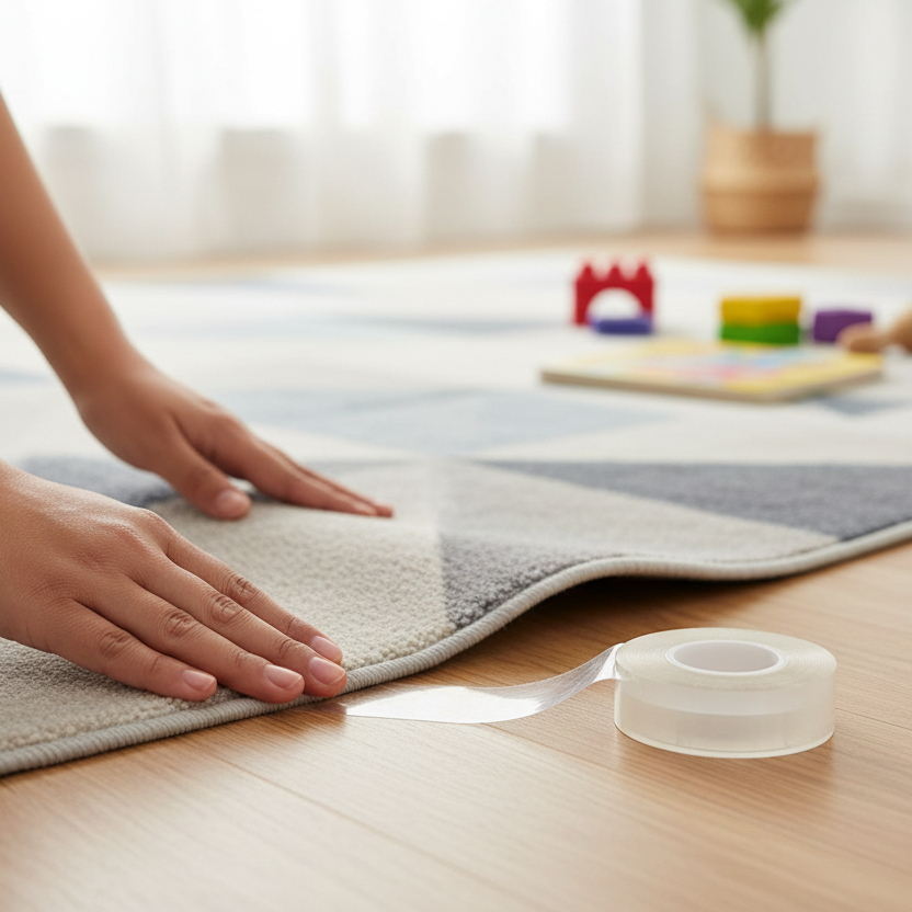 Person rolling out a rug on a wooden floor with a neutral background