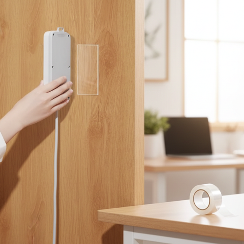 Person installing a white device on a wooden wall with a blurred indoor setting.