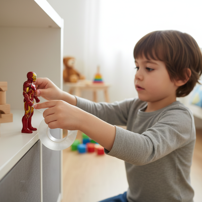 Child fixing his toys on a shelf with gel tape in a room with colorful bedding.