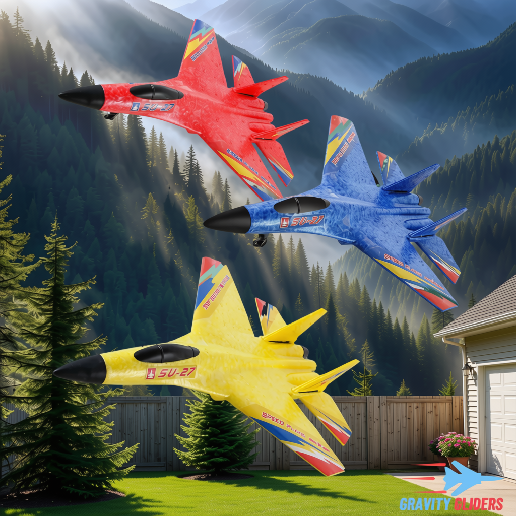 Three toy fighter jets in red, blue, and yellow are flying over a backyard with a mountain forest backdrop. The jets have colorful tail stripes and 'SUZU' markings, with a 'GRAVITY BLUDERS' logo in the bottom right corner.