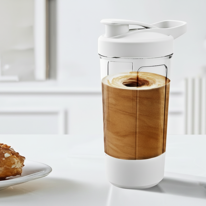Stirring cup with cool neutral lighting